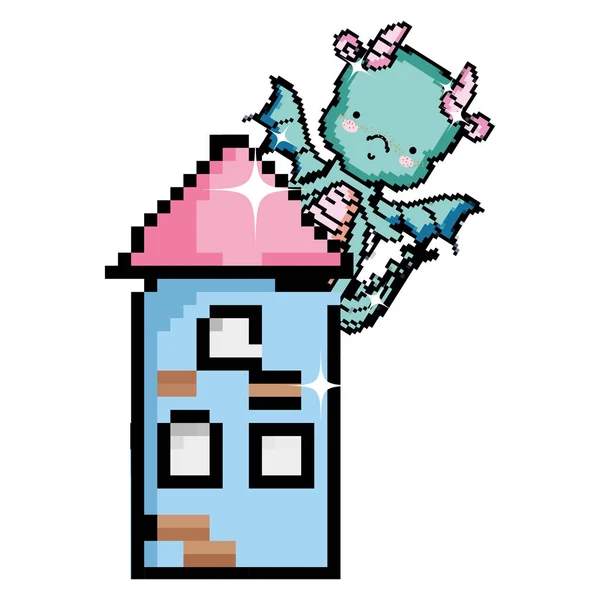 Pixel Lindo Dragón Torre Con Ilustración Vectores Ventanas — Archivo Imágenes Vectoriales