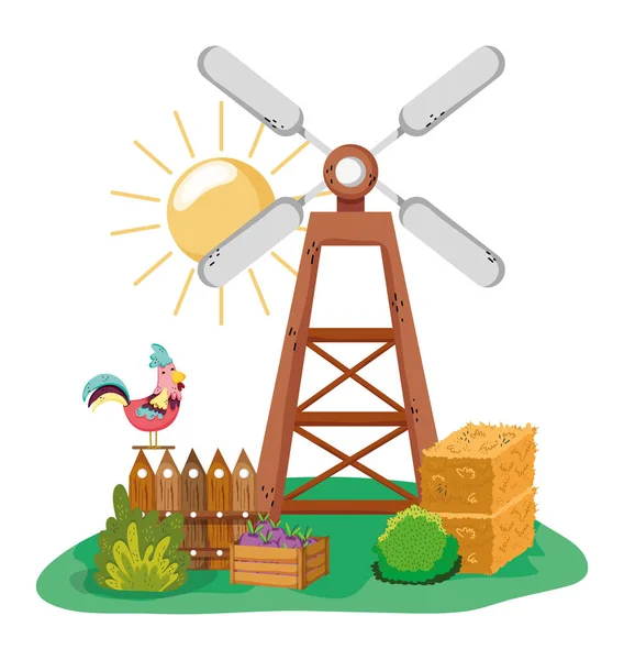Beautiful farm cartoons with windmill and chicken vector illustration graphic design