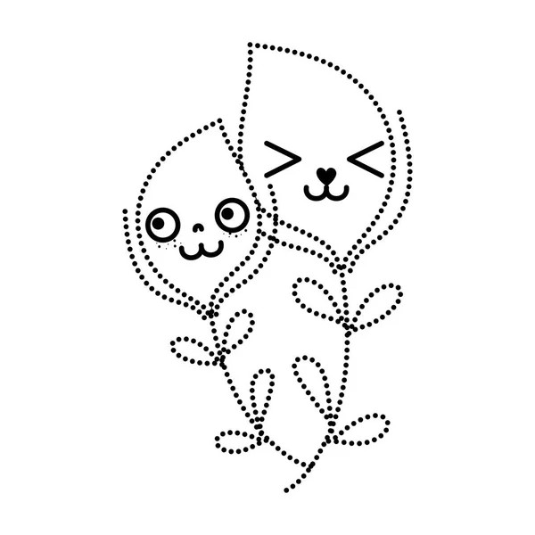 Forme Pointillée Kawaii Expression Faciale Feuilles Branches Illustration Vectorielle — Image vectorielle