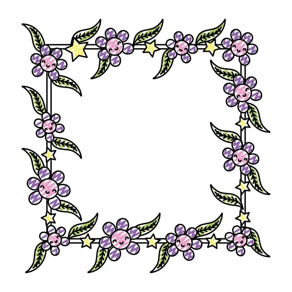 Doodle Kawaii Happy Blumen Und Blätter Quadratische Dekoration Vektor Illustration — Stockvektor