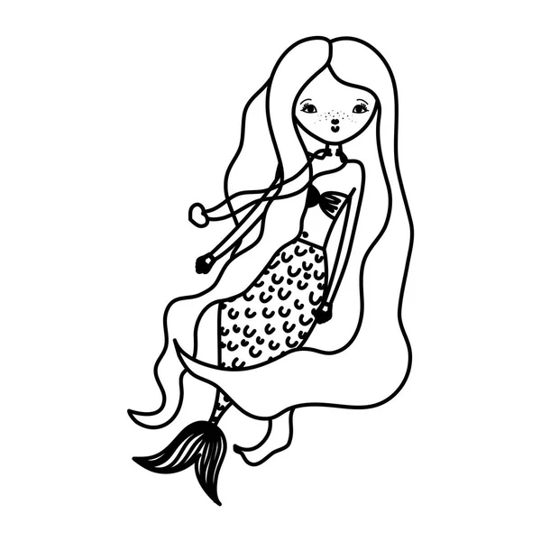 Ligne Jolie Sirène Femme Avec Coiffure Coeur Collier Vectoriel Illustration — Image vectorielle