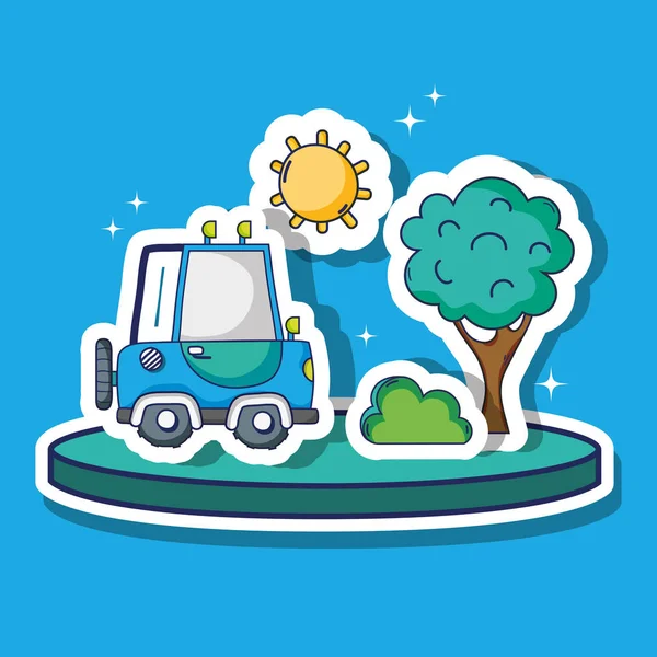 Transporte Caminhão Com Sol Árvore Remendos Ilustração Vetorial — Vetor de Stock