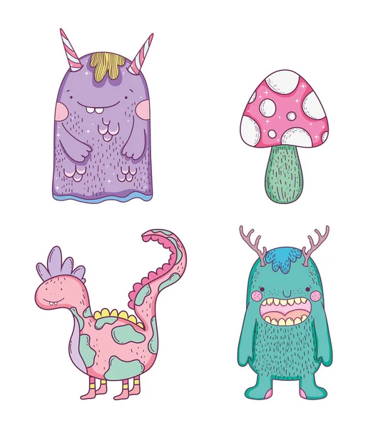 Establecer Monstruos Con Criaturas Dragón Vector Hongos Ilustración — Vector de stock