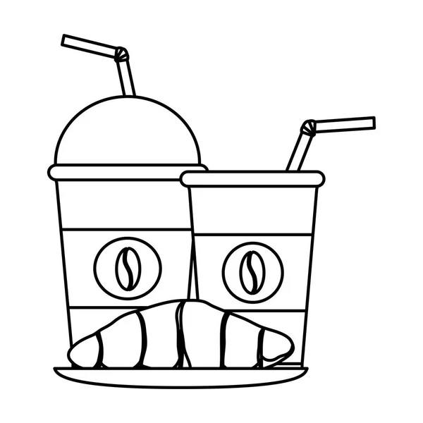 クロワッサンとコーヒー ライン プラスチック カップ ベクトル図 — ストックベクタ