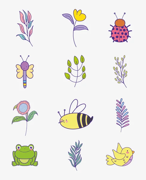 Conjunto Flores Con Ramas Hojas Insectos Animales Vector Ilustración — Archivo Imágenes Vectoriales