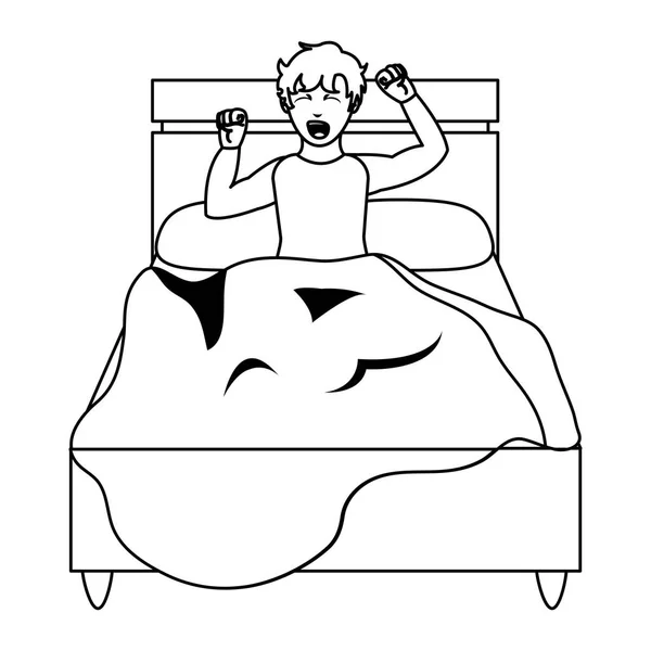 Hombre Línea Cama Despertando Con Pijama Diseño Vector Ilustración — Vector de stock