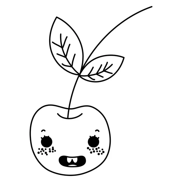 Linha Kawaii Feliz Cereja Deliciosa Fruta Vetor Ilustração — Vetor de Stock