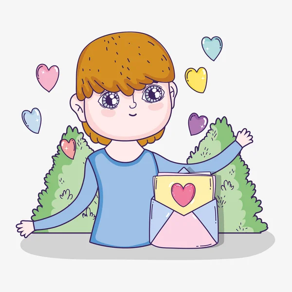 少年愛のカードと茂みのベクトル図と心 — ストックベクタ