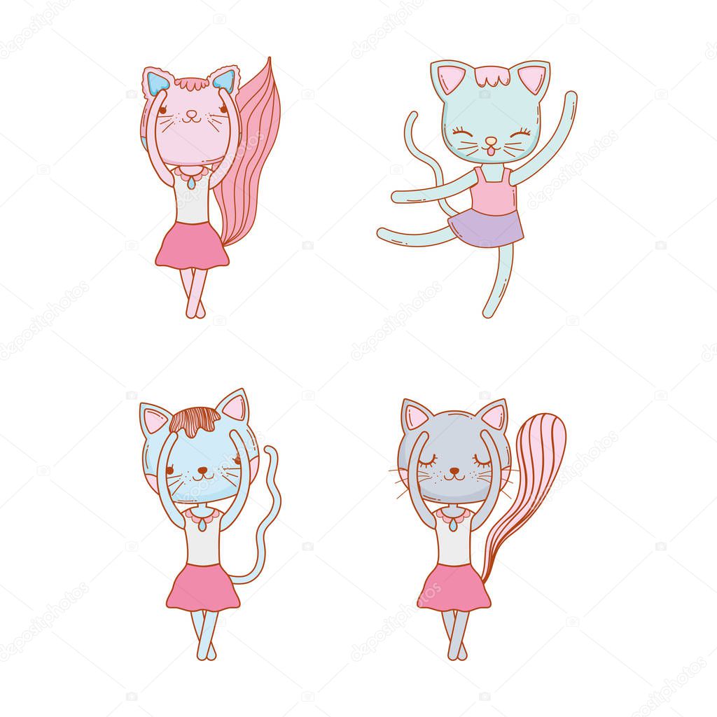 set female cats dancing pet animal vector illustration