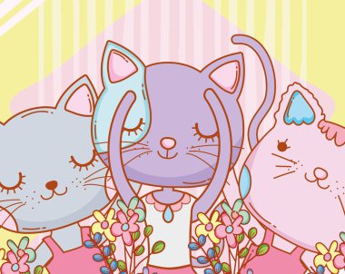 sevimli kadın Kediler Çiçek bitkiler vektör çizim ile