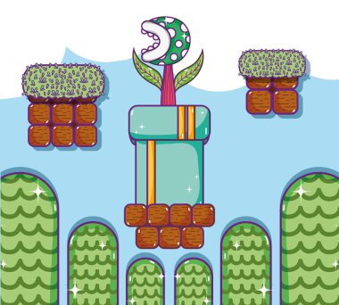 Retro video oyunu sahne karikatür kavramı vektör çizim grafik tasarım