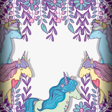 vektör çizim çiçek ve dalları ile tek boynuzlu at hayvan bırakır