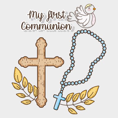 benim ilk cemaat tespih ile çapraz ve vektör çizim güvercin