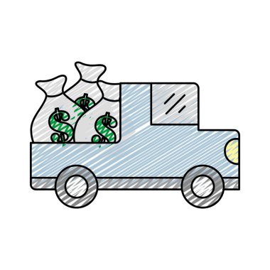 Doodle araba banka çanta nakit para ve doları simge vektör çizim ile