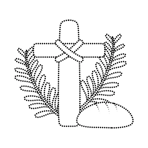 dotted shape cross catholic religion with palms and bread vector illustration
