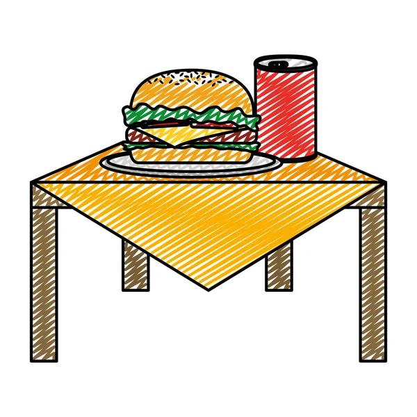 Doodle Ungesunden Hamburger Und Soda Fastfood Der Tabelle Vektor Illustration — Stockvektor