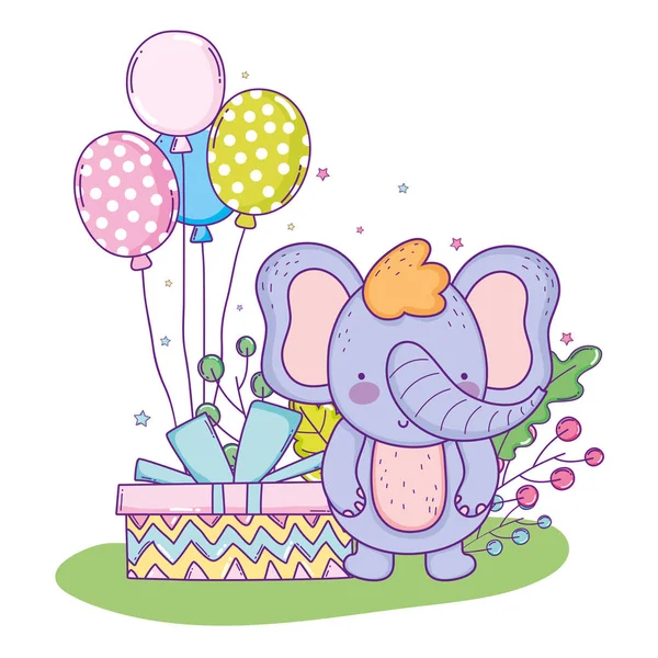 Elefante Lindo Feliz Cumpleaños Con Regalo Presente Globos Vector Ilustración — Vector de stock