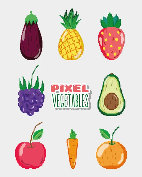 Set of natural fruits pixelated cartoons vector illustration graphic design