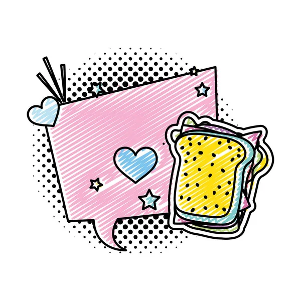 Doodle Chat Bolla Messaggio Con Sandwich Patch Decorazione Vettoriale Illustrazione — Vettoriale Stock