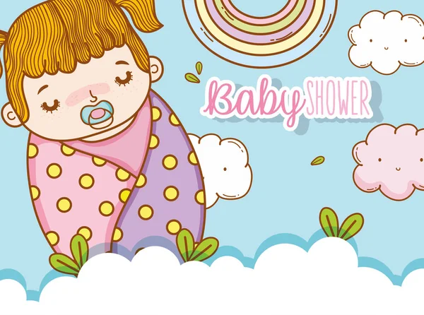 Bebê Menina Cobertor Com Chupeta Nuvens Vetor Ilustração — Vetor de Stock