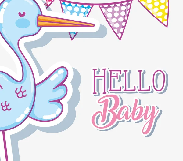 Hallo Baby Shower Karte Mit Storch Vektor Illustration Grafik Design — Stockvektor