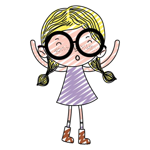Gözlüklü Çocuk Kız Doodle Stil Vektör Çizim Elbise — Stok Vektör