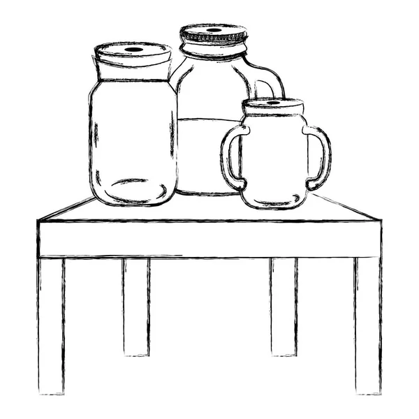 Grunge Mason Jar Met Water Bewaren Tabel Vectorillustratie — Stockvector