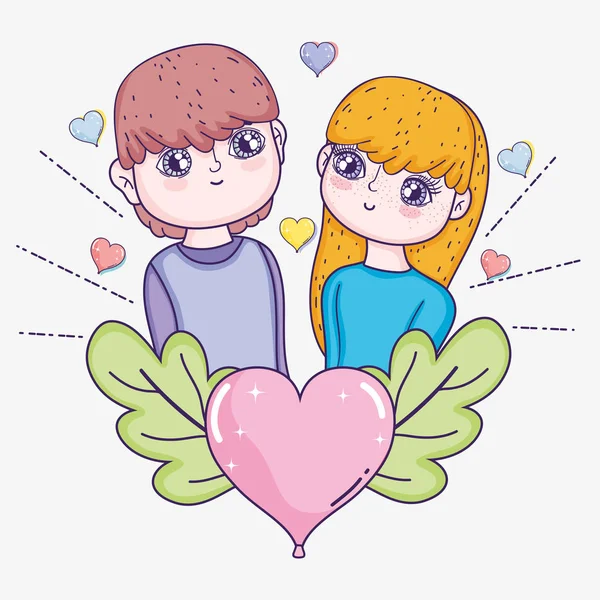 Boy Girl Couple Hearts Leaves Vector Illustration — Stock Vector