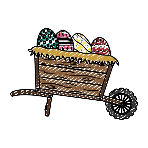 Doodle Dekoracji Wielkanocnych Jaj Wewnątrz Wózek Transport Wektor Ilustracja — Wektor stockowy