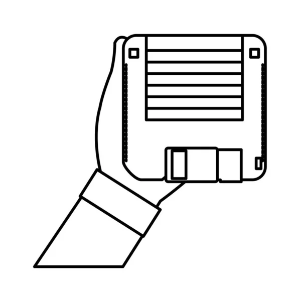 Zeile Mann Hand Mit Retro Diskette Objektvektor Illustration — Stockvektor