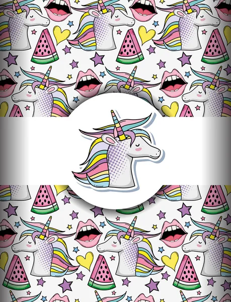 Pop Art Sfondo Ith Unicorni Labbra Vettoriale Illustrazione Grafica Design — Vettoriale Stock
