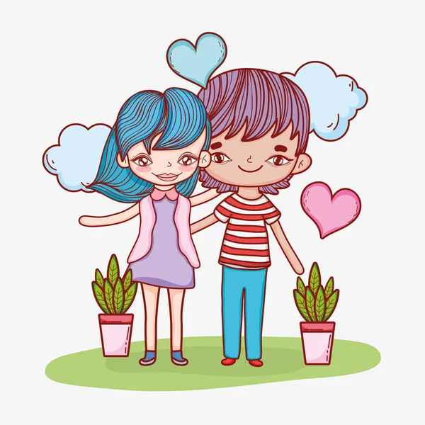 Chica Niño Pareja Con Nubes Plantas Vector Ilustración — Vector de stock