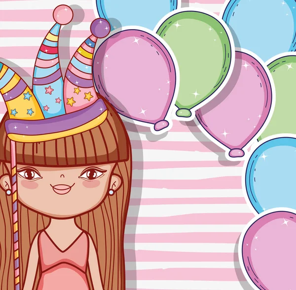 Chica Con Sombrero Fiesta Globos Decoración Vector Ilustración — Archivo Imágenes Vectoriales