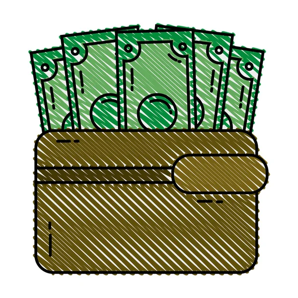 Doodle Räkningar Kontant Pengar Valuta Inne Plånbok Vektorillustration — Stock vektor