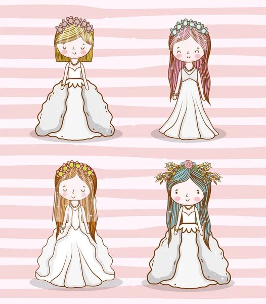 Установить Женская Свадьба Платьем Прической Векторной Иллюстрацией — стоковый вектор