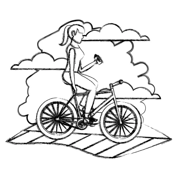 Гранж Женщины Стороне Велосипеда Питьевой Воды Ландшафтном Векторном Иллюстрации — стоковый вектор
