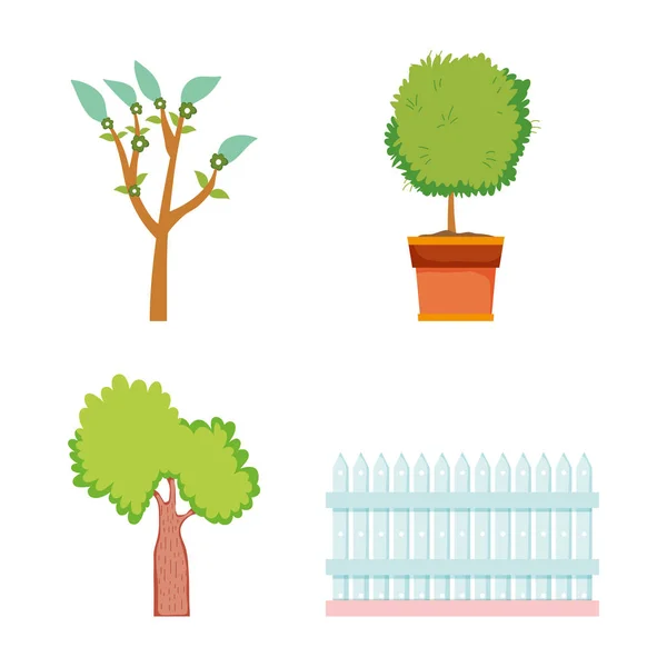 Set Bois Grillage Nature Arbres Vectoriel Illustration — Image vectorielle