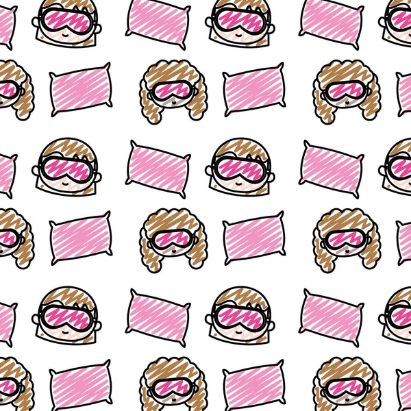 Doodle Girls Head Sleep Glasses Pillow Background Vector Illustration — Stock Vector