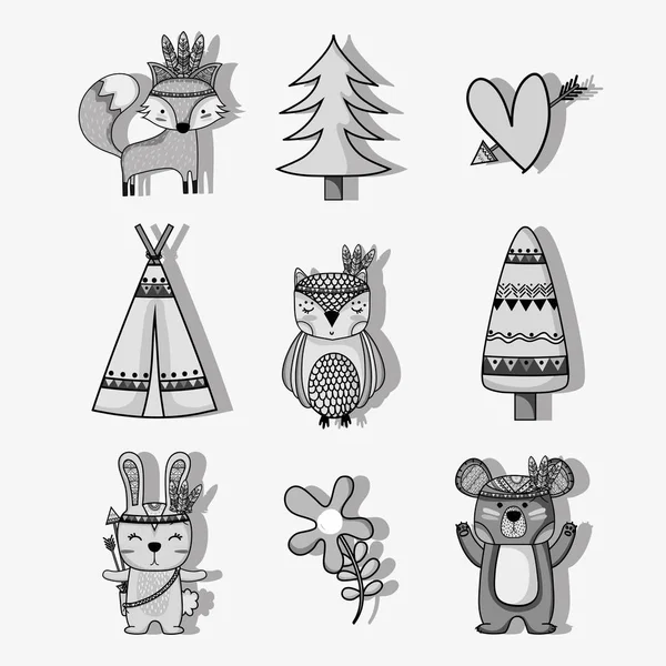 Set Lindo Animal Tribal Bosque Vector Ilustración — Vector de stock