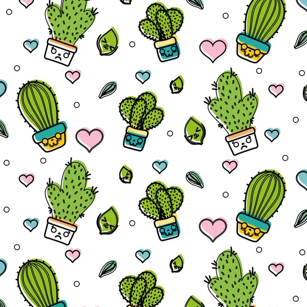 Déplacé Couleur Kawaii Cactus Plante Avec Coeur Feuilles Fond Vectoriel — Image vectorielle