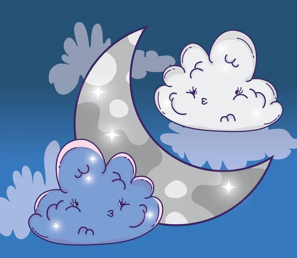 Niedlichen Mond Mit Traurigen Flauschigen Wolken Vektor Illustration — Stockvektor