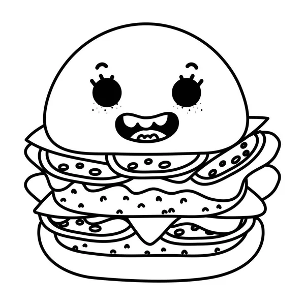 Line Kawaii Happy Hamburger Tasty Fast Food Vector Illustration — стоковый вектор