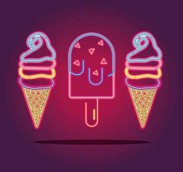 Ice Cream Lolly Neon Icons Sign Decoration Vector Illustration — Stock Vector