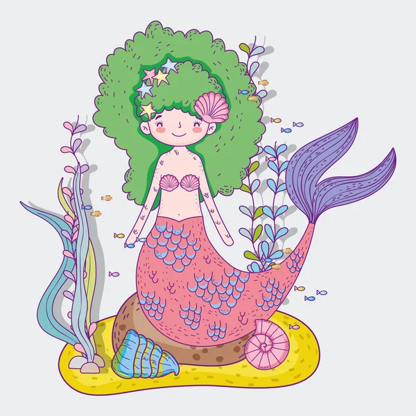 Mořská Panna Žena Rostlinami Listy Skořápky Vektorové Ilustrace — Stockový vektor
