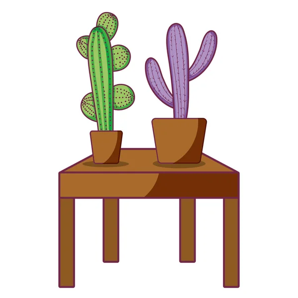テーブルのベクトル図に植木鉢の中の自然のサボテンの植物 — ストックベクタ