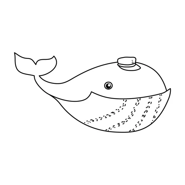 Linha Personagem Baleia Animal Bonito Com Chapéu Vetor Ilustração — Vetor de Stock