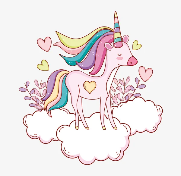 Licorne Mignonne Dans Nuage Avec Des Cœurs Des Plantes Illustration — Image vectorielle