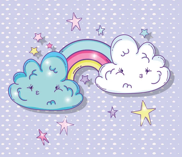 可愛いふわふわ雲と星のベクトル図と虹 — ストックベクタ