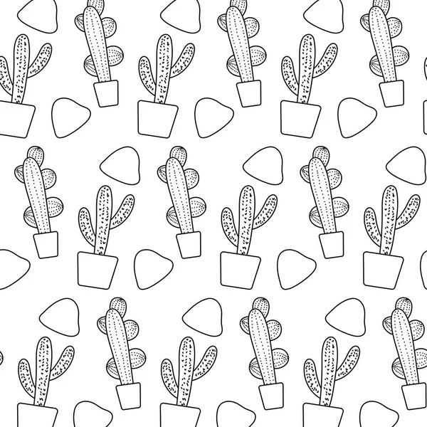 Ligne Cactus Plante Intérieur Pot Fleurs Pierres Fond Vectoriel Illustration — Image vectorielle