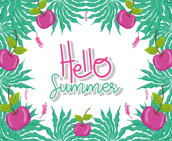 Γεια Σας Καλοκαίρι Μήλα Στεφάνι Φύλλα Και Κινούμενα Σχέδια Εικονογράφηση — Διανυσματικό Αρχείο